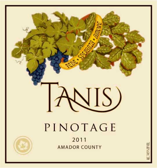 Wine label of Tanis Vineyards Winery.  Poison oak on one side is transformed into a fruitful vineyard. The ring symbolizes Faith, Hope, and Love.